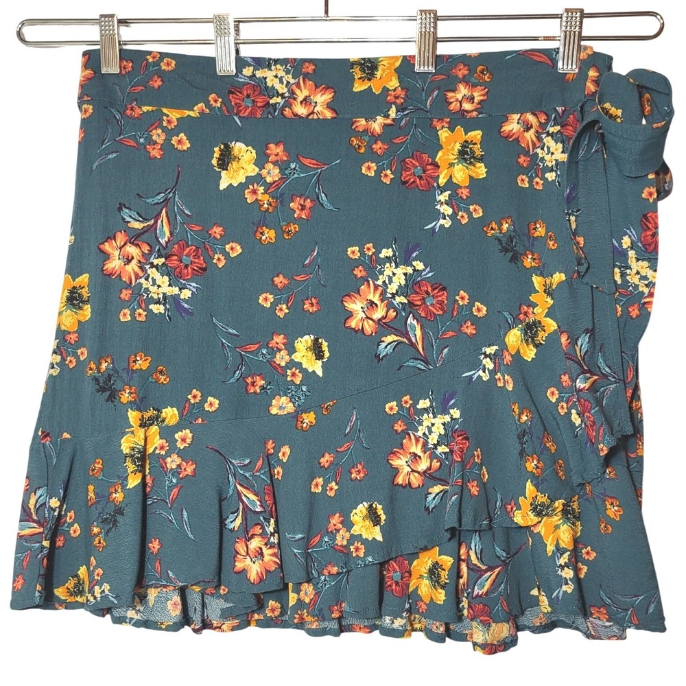 Band of Gypsies Teal‎ Floral Ruffle Faux Wrap Mini Skirt XL Boho Cottagecore